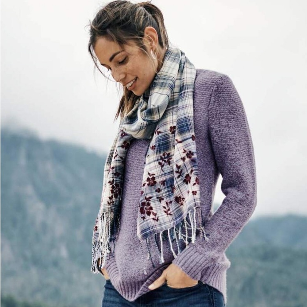 J Jill Blue and Purple Plaid Scarf with Velvet Flocked Flowers and Fringe - Picture 1 of 6